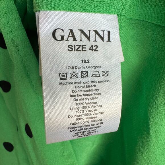 Ganni Dress Dainty Georgette Wrap Polka Dot Classic Green Size 42 Versatile - Picture 10 of 15